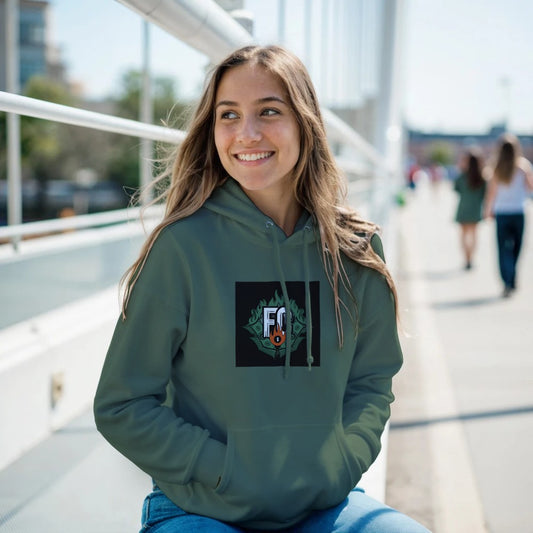 A girl out in public wearing a fuck carney logo hoodie, military green 