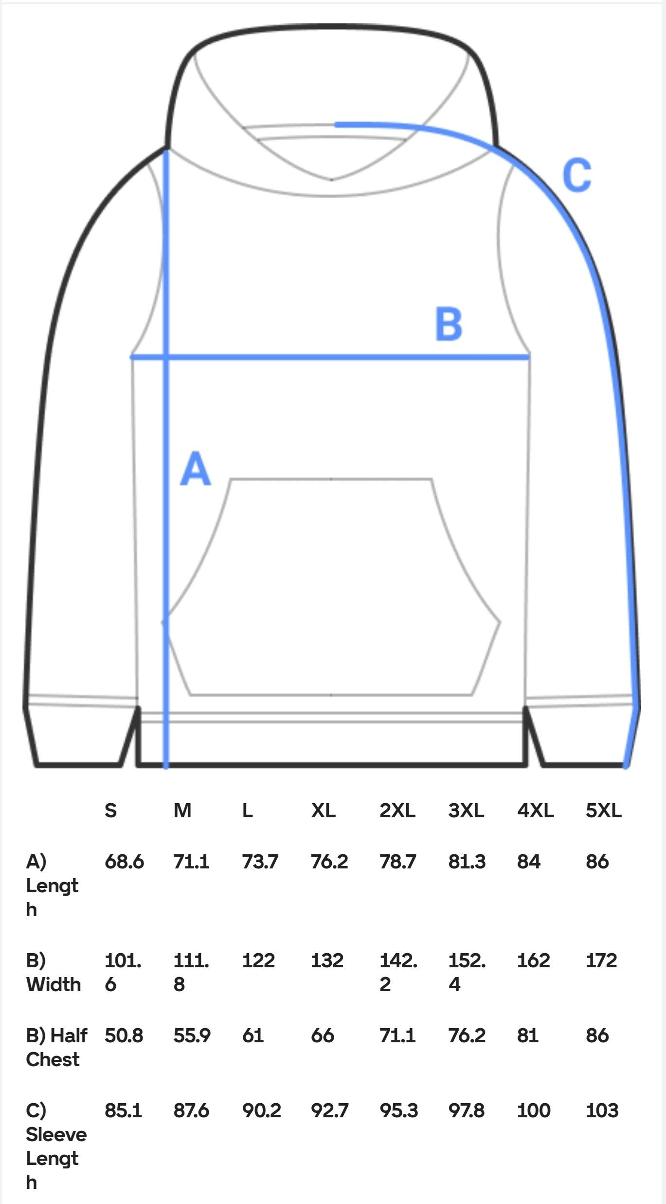 A Picture of a Size Chart For Unisex Hoodies, Unisex, Male, Female, Men's, Women's